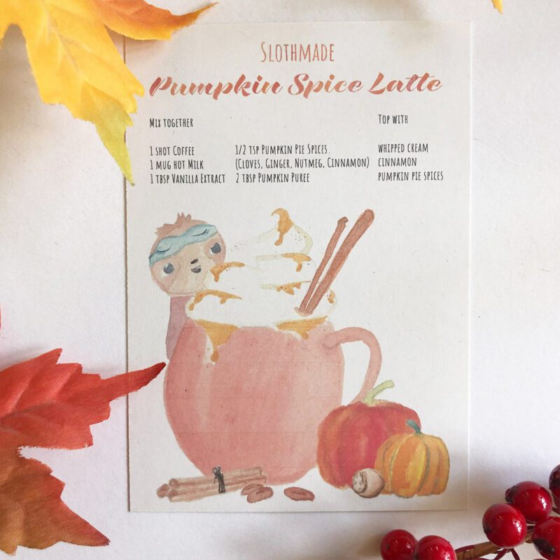 Pumpkin Spice Rezept auf Postkarte mit Faultier